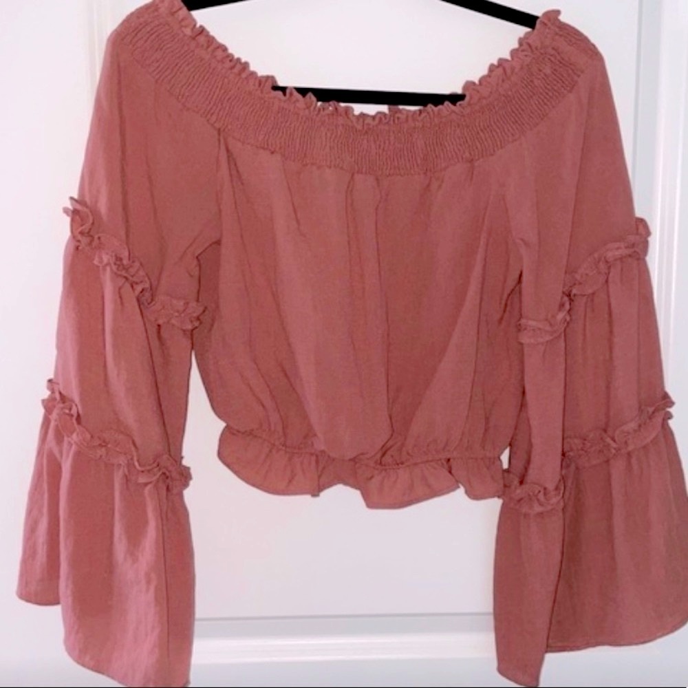 Off The Shoulder Bell Sleeve Ruffle Crop